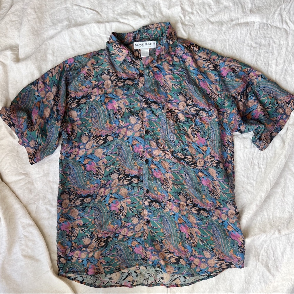 Vintage Serge Platini 100% Washable Silk Groovy Short Sleeve Button Up